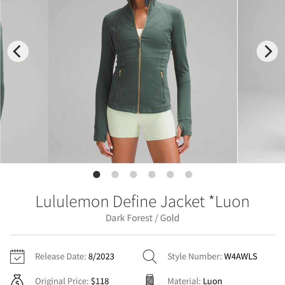 Lululemon Dark Forest Green Define Jacket with Gold Zippers